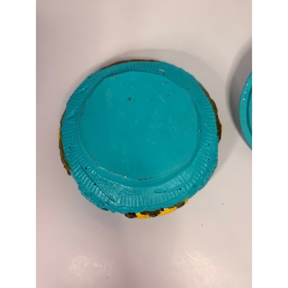 Vintage Turquoise Blue Round Trinket Box Yellow Raised Floral Relief Florentine - Picture 7 of 9